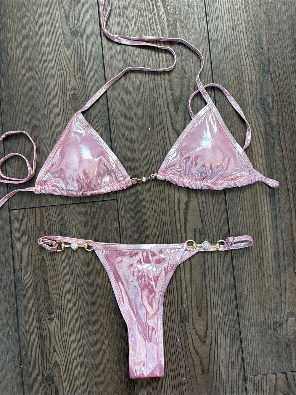 SHEIN Metallic Light Pink Triangle Bikini Set